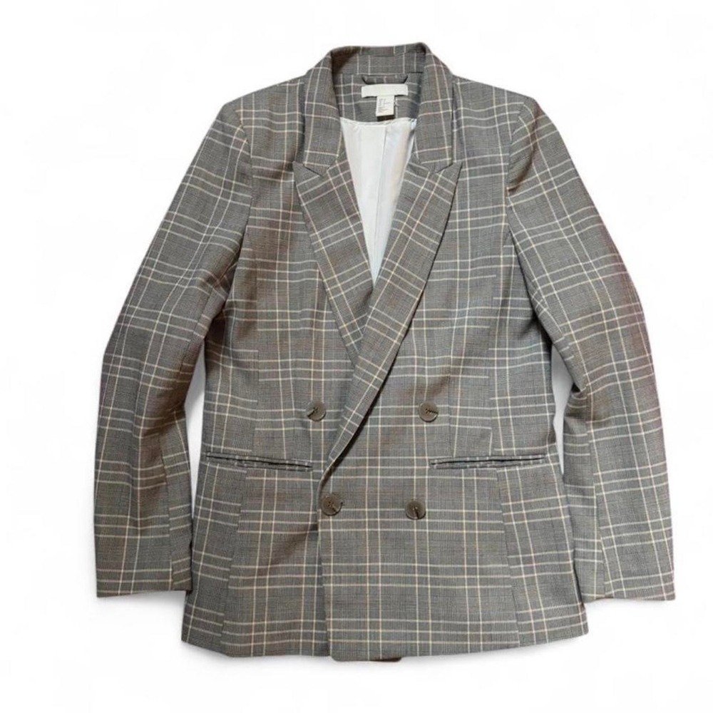 H&M Dark Academia Grey Plaid Double Breasted Tailored Blazer Jacket